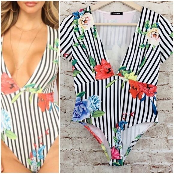 Fashion Nova floral striped bodysuit - Picture 2 of 7